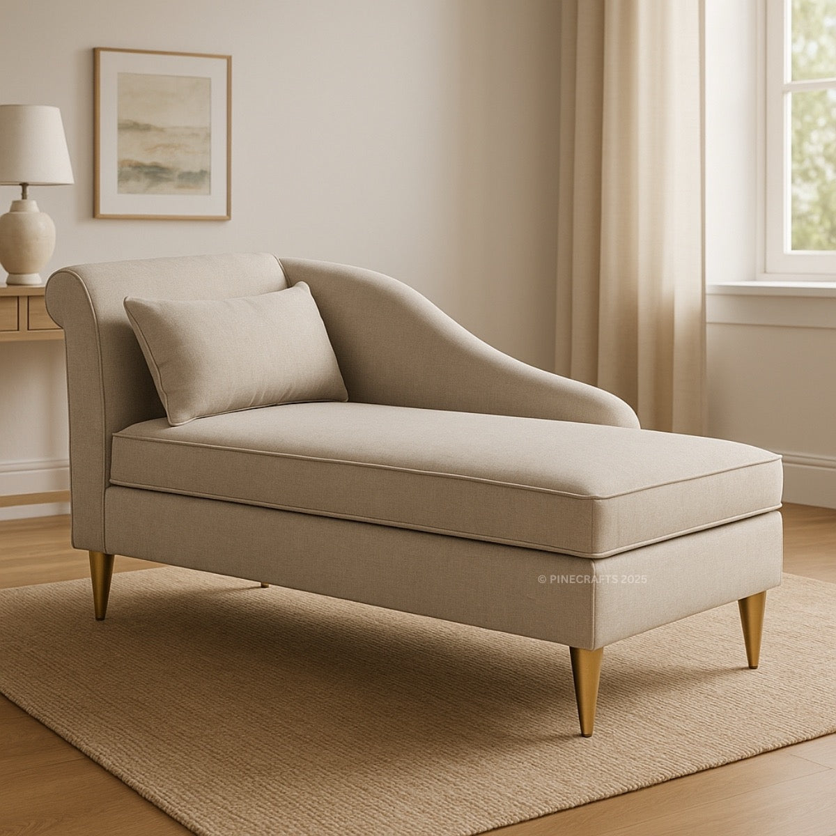Beige chaise lounge in a living room setting with a lamp and framed picture.